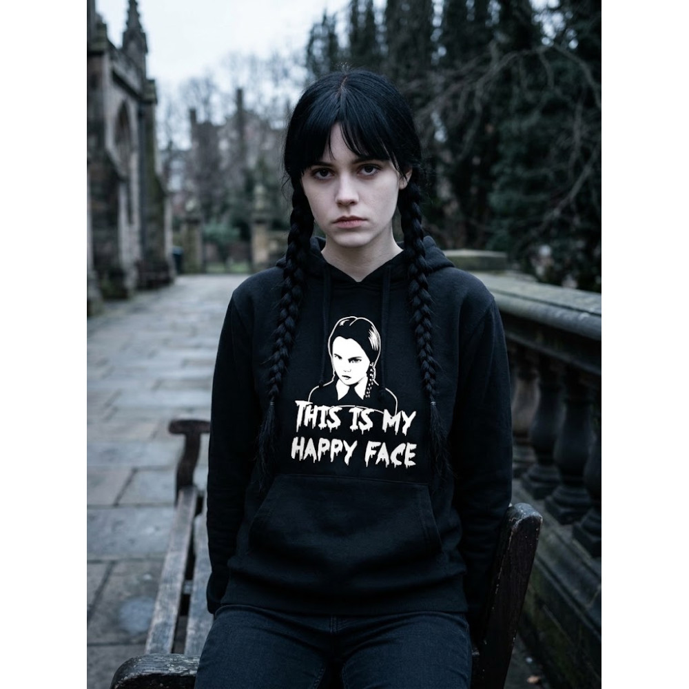 Жіноче худі з зображенням Венздей Аддамс (Wednesday Addams) та написом "Happy Face", by Partyson